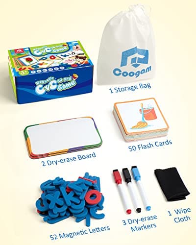 Coogam Cartes de vocabulaire avec lettres magnétiques ABC, pour apprendre à écrire des mots à vue CVC, jouet éducatif, cadeau pour enfants de 3, 4, 5 ans
