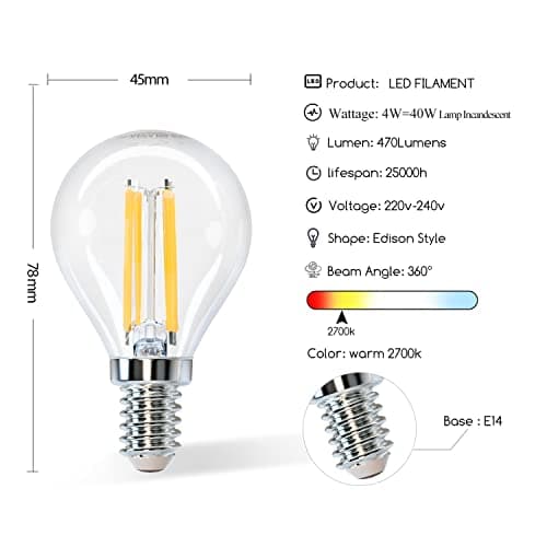 Aigostar Ampoule LED Filament E14 Blanc Chaud 2700K,470LM,4W Equivalent à Ampoule Incandescente 40W,G45,Angle de 360o, Non-dimmable, Lot de 5