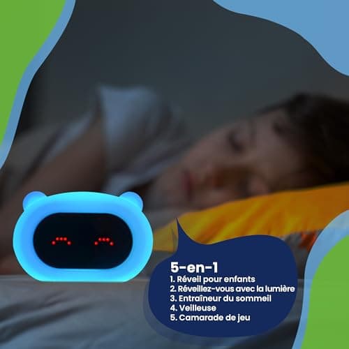 Kadoing® Réveil Enfant Ours - avec Expressions Visages et Fonction de Tapotement - Lumière de Réveil - Entraîneur de Sommeil - Veilleuse - Réveil Jouet Numérique
