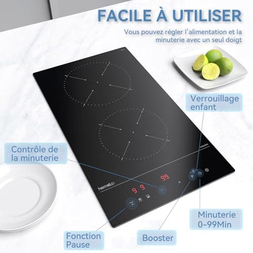 Hermitlux Domino plaque induction 2 feux encastrable, plaque induction Vitrocéramique noire avec 9 niveaux de puissance et fonction Boost, contrôle tactile & sécurité enfants, 30CM, 3500W