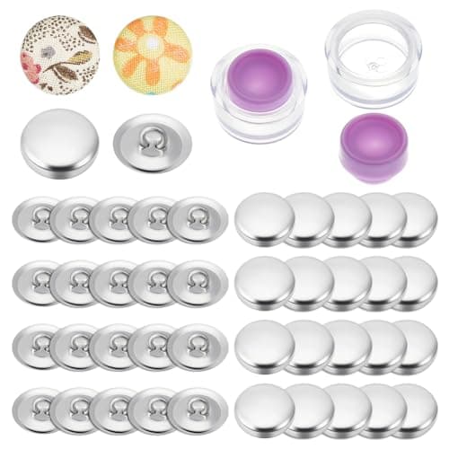 AHANDMAKER Lot de 100 boutons de protection avec outils, kit de fabrication de boutons en tissu, dos plat recouvert de tissu, y compris 100 couvre-boutons de 1,4 cm, 100 boutons et 2 outils
