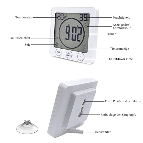 VORRINC - Horloge de salle de bain - Horloge numérique à ventouse, avec écran LCD - Affichage de l’humidité, de la température - Avec minuteur de compte à rebours - Pour douche et cuisine