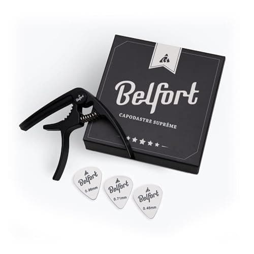 BELFORT® QuickPitch Capodastre original pour guitare + 3 médiators + eBook gratuit ☆ Facile à utiliser ☆ Capo pour guitare – Guitare folk, guitare acoustique, guitare de concert, guitare électrique et