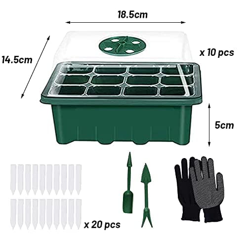 Shengou 10 Pièces Mini Serre pour Semis,Mini Serre pour Plantes,Kit Bac à Semis,Plantes Plateaux à graines avec,avec Outils de Jardinage et 20 étiquettes,Mini Plateau de Serre 12 Trous,Plateau Semis