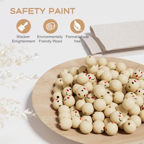 SUTOUG Lot de 50 perles rondes en bois avec tête de poupée souriante de 20 mm avec trou de 5 mm pour bricolage, bracelet, macramé, collier, bijoux, poupée