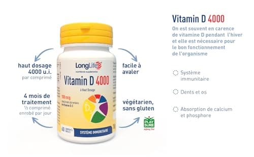 LongLife® Vitamin D 4000 ui | Haut dosage Vitamine D3 | Défenses immunitaires | Santé des os, dents et muscles | 4 mois de traitement | Végétarien et sans gluten