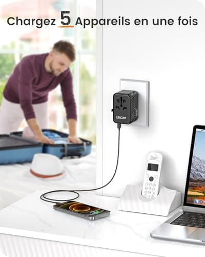 LENCENT 65W GaN III Adaptateur prise électrique avec 2 PD3,0 USB C+2 QC USB A Prise voyage universelle Téléphone PC Charge Rapide international vers UK USA AUS Canada Italie Chine Japon Thaïlande Noir