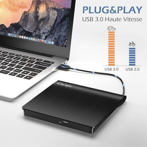 Cocopa Lecteur CD/DVD Externe pour PC, USB 3.0 Graveur Enregistreur Portable RW/ROM Mince Transmission Rapide Câble USB Intégrée Windows/Mac OS Apple/iMac/Macbook/Laptop/Desktops/PC Noi