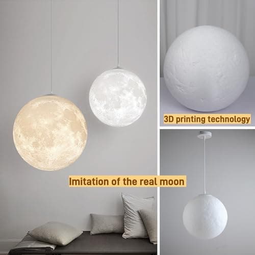 zhxinashu Luminaire Suspendu Lune, Plafonnier Lune, Abat-jour Lune Imprimé en 3D, Lampe Suspendue Lune E27, Veilleuse Lune pour le Salon et la Chambre D'enfant, Diamètre 22cm