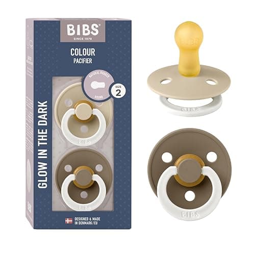 Tétine BIBS Colour Glow. Lot de 2 sucettes. Brillent dans le noir. Sans bisphénol A, Téterelle ronde. Latex de caoutchouc naturel. Taille 2 (Lot de 2), Vanilla NIGHT/Dark Oak NIGHT