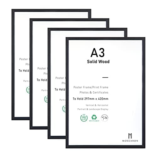 ATOBART Lot de 4 cadres, format A3, en bois, noirs, pour photos, images et certificats, avec plexi-glass, pour montage mural, 29,7 x 42 cm