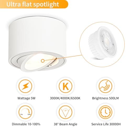 GeyouLux Dimmable LED Spot en Saillie Orientable, 5W Spots de Plafond, Ø80x50mm 3000K/4000K/6500K Rotation à 30° Spot Salle de Bain, Aluminium Rond Blanc Plafonnier Spot LED Orientable, 4 pièces