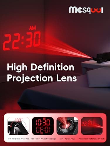 Réveil à Projection Plafond Heure, Horloge Enfant et Murale, 7" Grand Écran LED Reveil Projecteur 180°, Luminosité Réglable à 5 Niveaux, Double Alarme, Snooze, Charge USB, 12/24H