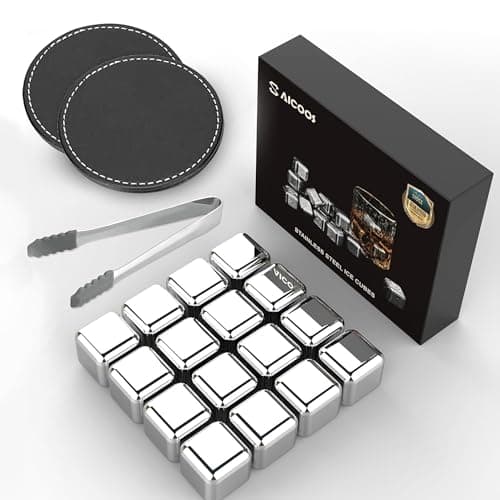 Lot de 16 Glacon Reutilisable - Glacons Pierre a Whisky - Glaçons Réutilisables en Acier Inoxydable, Metal Whiskey Stones pour Cadeaux de La Fête des Pères pour Les Hommes Mari et Papa