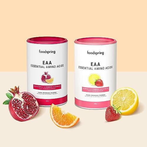 foodspring EAA Poudre avec électrolytes pour pre-workout et musculation - avec tous les acides aminés - sans sucre & sans lactosérum (420g | 30 portions | 1 cuillère doseuse = 14g | Grenade et Orange)