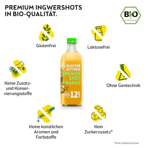 Kloster Kitchen Lot de 6 shots de gingembre bio - 360 ml - Avec véritables morceaux de gingembre - Végétalien - En verre - Doux et épicé - Sans additifs et avec une douceur naturelle