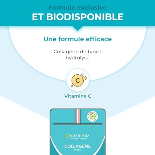 COLLAGÈNE Type I - Source de vitamine C - Hydratation de la Peau - Protège Os & Articulations - 900 mg - 90 Gélules - Nutrimea - Fabriqué en France