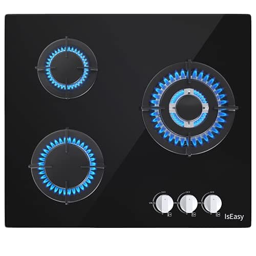 IsEasy Plaque Gaz 3 Feux, Plaque de Cuisson Gaz 3 Feux, Naturel/Propane/Butane (3 Brûleurs) Noir