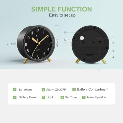 YouJabz Analoger Wecker, Super Silent Non Ticking mit Nachtlicht, Batteriebetrieben, Modischer Runder Metall Wecker für Büro, Schlafzimmer, Ältere, Erwachsene, Kinder, einschulung Geschenk