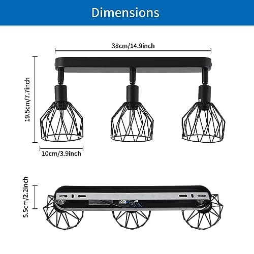 ANWIO Plafonnier Spots, 3 Spots de Plafond Led Intérieurs Base E14, Spots de Plafond Noirs avec Base Rectangulaire, Spots de Plafond LED Rotatifs (Sans Ampoules).