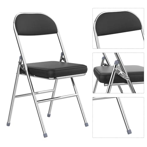 Lot de 4 chaises Pliantes chaises de Salle à Manger Confortables en Cuir avec Coussin épais - pour Cuisine, intérieur, extérieur, Salle de conférence - Noir | Chaise pliante en cuir, chaises de salle à manger pliantes pour cuisine, intérieur, extérieur, salle de conférence