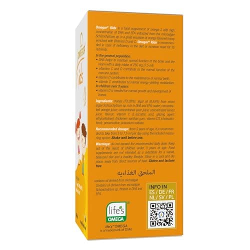 OMEGOR® Kids avec oméga-3 végétal DHA pour enfants 250 mg de DHA et 125 mg d'EPA à partir d'huile d'algue | Miel et jus de fruits | Avec de la vitamine D3 | Bouteille de 150 ml avec cuillère.