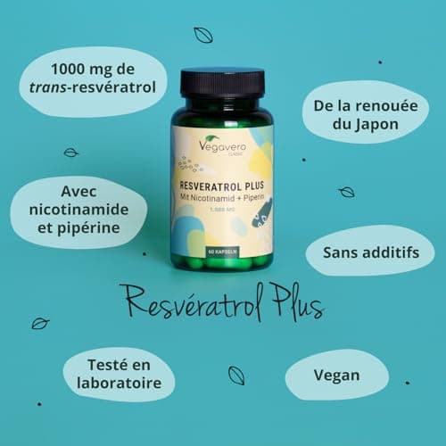 Trans Resveratrol 1000mg | UNIQUE : Le Seul Avec Nicotinamide & Pipérine | Anti Age + Antioxydant Puissant | Vegan & Sans Additifs | Vegavero®