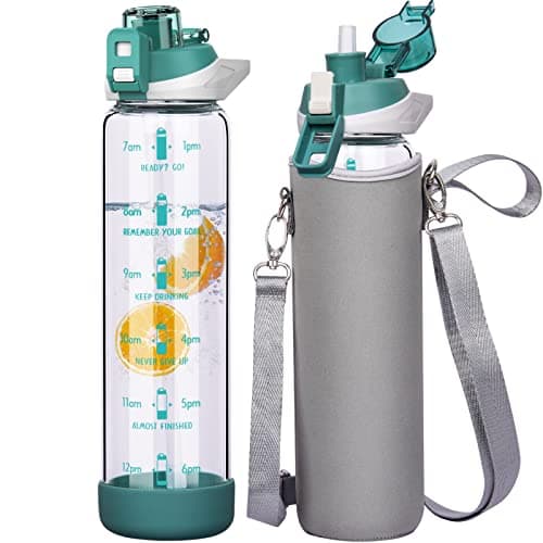 Seekua 1l Sport Gourde Verre avec Paille & Heure de Motivation 1 litre grande Bouteille d'eau Verre Réutilisable sans BPA avec Marqueur de Temps