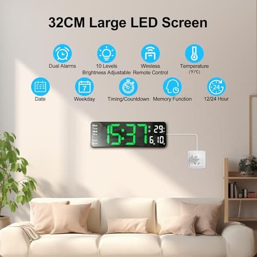 Lafocuse Horloge Murale Numérique LED, Grande Affichage 32cm avec Télécommande, Température, Date, Jour, 2 Alarmes, 12/24H, Luminosité Réglable Pendule Murale pour Salon Cuisine Bureau, Vert