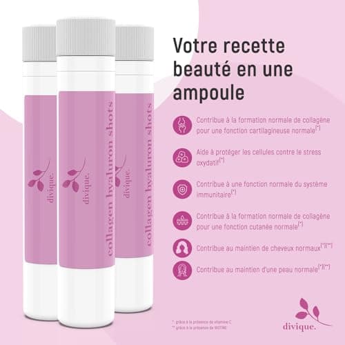 Divique collagène liquide avec acide hyaluronique (30 ampoules) - 4 000 mg de collagène + 100 mg d'acide hyaluronique - avec vitamine C, biotine, zinc, cuivre, sélénium - goût fraise