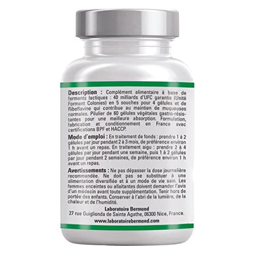 Probiotique flore intime vaginale - Ferments lactiques 40 milliards UFC en 5 souches Lactobacillus - Enzymes digestives Fabrique en FRANCE en 60 gelules vegetales gastro resistantes naturels et Vegan