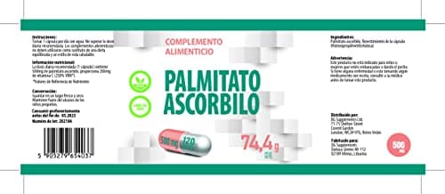 Palmitate d'ascorbyle 500mg 120 gélules végétaliennes, très puissantes, sans agents de remplissage ou de charge, sans OGM