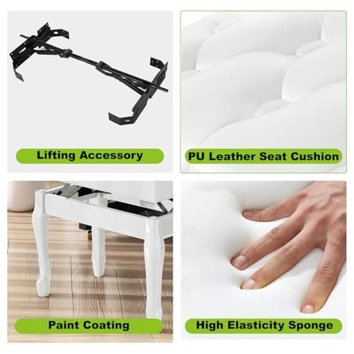 Jargrovs Banc de Piano,Banc Piano en Cuir PU épais à 10 Boutons, Tabouret Piano réglable en Hauteur à Pieds courbés en Bois Massif,Banquette Piano avec Compartiment de Rangement,Tabouret Piano Blanc