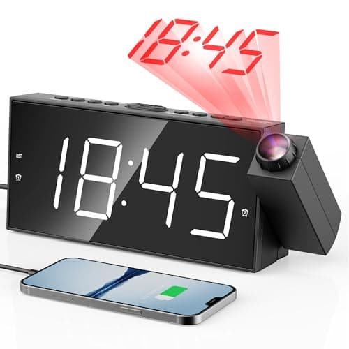 Réveil à Projection Plafond Heure, Horloge Enfant et Murale, 7" Grand Écran LED Reveil Projecteur 180°, Luminosité Réglable à 5 Niveaux, Double Alarme, Snooze, Charge USB, 12/24H