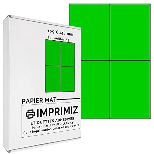 100 étiquettes autocollantes Vert fluo de 105 X 148,5 mm - 4 étiquettes/feuille - 25 planches papier A4 adhésif couleur - pour impression Laser et Jet d'encre
