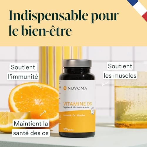 NOVOMA Vitamine D3 2000 UI/j, Vitamine D Naturelle Micro-encapsulée - Haute Absorption, Système Immunitaire, Santé des Os & Muscles, Cure de 2 mois, 120 gélules, Fabriqué en France