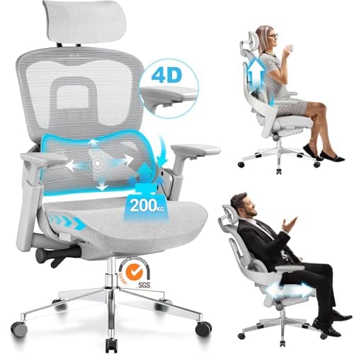 MELOKEA Chaise Ergonomique 200Kg, Chaise Bureau avec Soutien Lombaire Dynamique, Accoudoirs 4D, Réglable en Hauteur, Profondeur D'assise Ajustable, en 1335, Fauteuil Bureau Confortable, Siege Bureau
