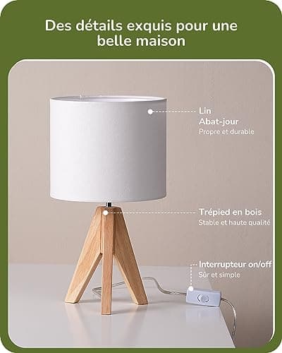EDISHINE Lampe de Chevet Lot de 2, E27 Douille, Trépied Vintage, Ampoule Incluse, 36 x 20 x 20 cm, Lampe de Table en Bois pour Chambre à Coucher, Salon, Hôtel, Abat-jour en Lin Blanc