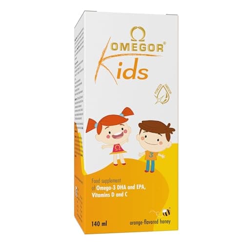 OMEGOR® Kids avec oméga-3 végétal DHA pour enfants 250 mg de DHA et 125 mg d'EPA à partir d'huile d'algue | Miel et jus de fruits | Avec de la vitamine D3 | Bouteille de 150 ml avec cuillère.