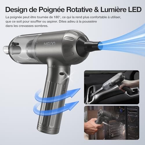 MECO ELEVERDE 4 en 1 Aspirateur Voiture Puissant sans Fil, 18KPA Mini Aspirateur à Main Souffleur Air Comprimé avec Moteur sans Balai et Lumières LED pour Voiture, Maison, PC Bureau, Gris