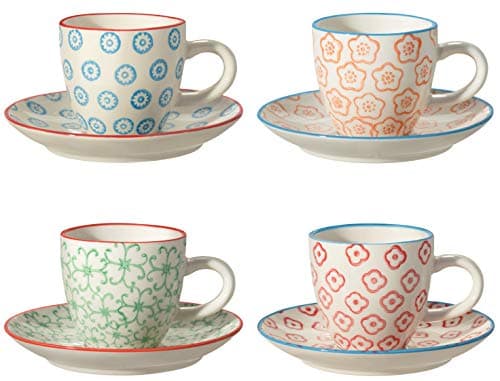 Bloomingville Tasses à Expresso & sous-Tasses Emma - Couleur C: Ø 6 x H 5,5 cm, S: Ø 11,5 cm, Bleu Orange Vert Rouge, Céramique, Lot de 4, Capacité 80 ML