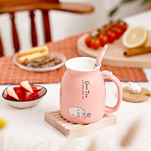 Chat Tasse Jolie tasse à café en céramique avec couvercle et cuillère en bois chat kawaii Nouveauté Morning Cup Tasses à thé au lait au café Tasses de chat pour les amoureux des chats Femmes (Rose)