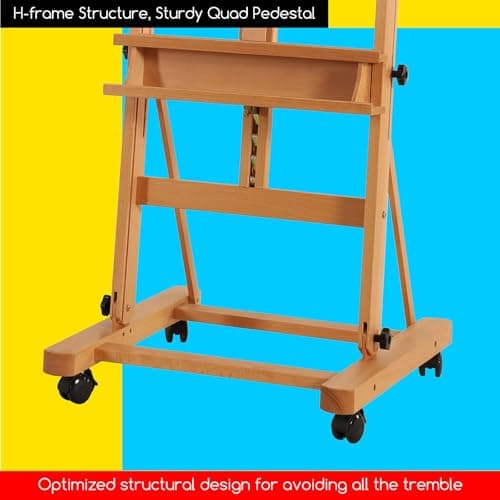 MEEDEN Grand Chevalet en Bois de Hêtre, H-Frame Chevalet de Peinture pour Adultes, Réglable 190 cm à 370cm, Peut Contenir des Toiles jusqu'à 236 cm,Chevalet à Roulettes avec Plateau de Rangement