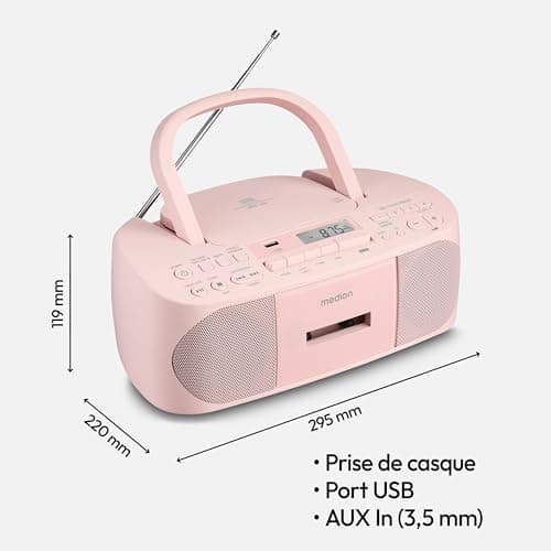 MEDION E65010 Radio stéréo (Lecteur CD, Cassette, Port USB, entrée Audio AUX, Lecture MP3. Radio FM PLL,40 mémoires de Stations, Fonctionnement sur Piles, télécommande) Rose