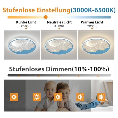 Plafonnier LED Chambre Enfant, Moderne Créative Étoile Et Lune Lampe De Plafond, Lampe Plafond avec Dimmable Télécommande 3000-6000K, Garçons Et Filles Chambre Enfants Lumière Éclairage, Bleu