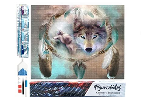 Figured’Art Diamond Painting Broderie Diamant 40x50cm Toile Entière Roulée avec Strass Perles Carrés - Loups et Plumes - Kit Complet Animaux 5D DIY Activité Manuelle Loisirs Créatifs Adultes