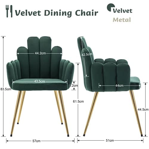 Wahson Chaise de Salle à Manger Lot de 2, Chaise Salle à Manger en Velours, de Salon Moderne avec Accoudoir et Pied Doré, Chaise de Cuisine pour Restaurant et Salle à Manger, Vert