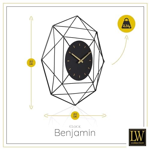 LW Collection Horloge Murale Benjamin Noir 80 cm - Grande Horloge Murale Industrielle en Métal - Horloge Murale Moderne - Mouvement Silencieux - Horloge Silencieuse