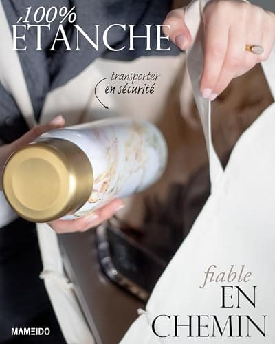 MAMEIDO Bouteille Isotherme 1l avec Mug en Acier inox, Gourde Isotherme 1l chaude 12h, Thermos 1l étanche 100% sans BPA, café et thé pour la route (Taupe Grey Gold, 1000ml)