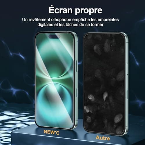 NEW'C Kit de 4, 2 x Verre Trempé pour iPhone 16 (6,1 Pouces) et 2 x Protection Caméra Arrière - Anti Rayures - sans Bulles d'air -Ultra Résistant - Dureté 9H Glass